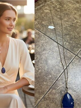Blue Teardrop Stone Pendant Necklace Gold Tone Long Boho Statement Necklace